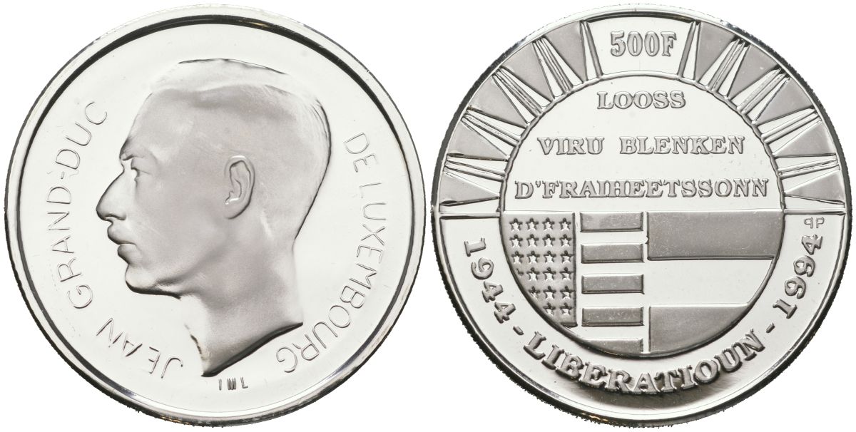 Люксембург 500 франков 1994 50 лет освобождению, Жан (1964-2000) KM 69 серебро PROOF 11-146-12