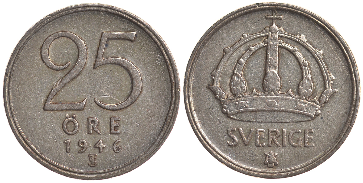 Швеция 25 эре 1946 TS, Густав V (1907-1950) KM 816 серебро 4179-863