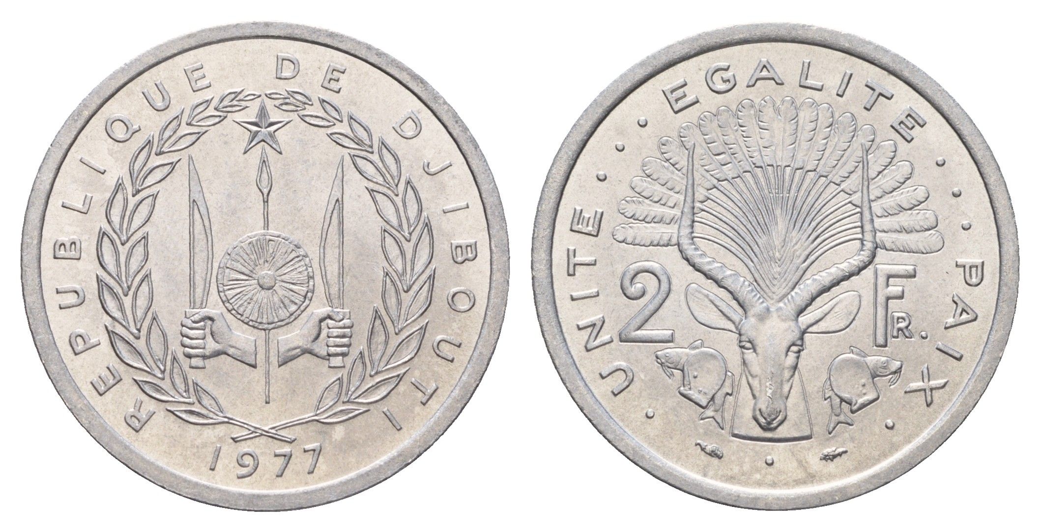 Джибути 2 франка 1977 KM 21 алюминий UNC 4671-341