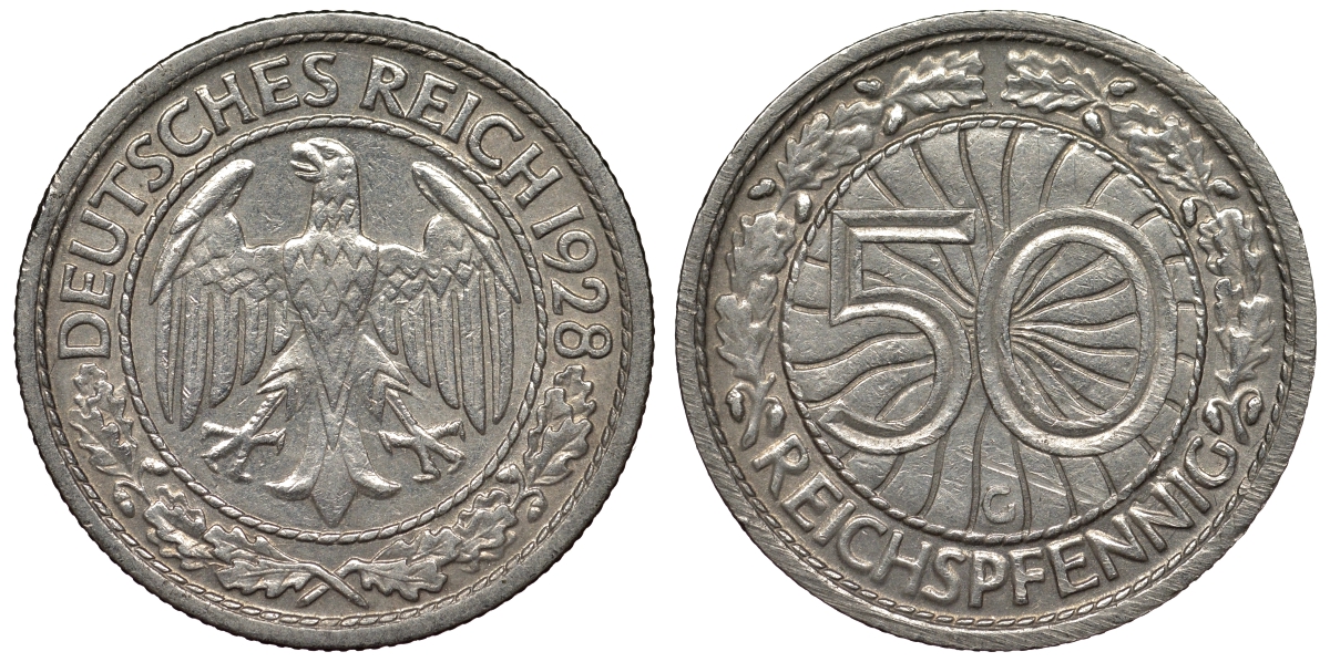 Германия 50 рейхспфеннигов 1928 G KM 49, J. 324 никель 4121-821