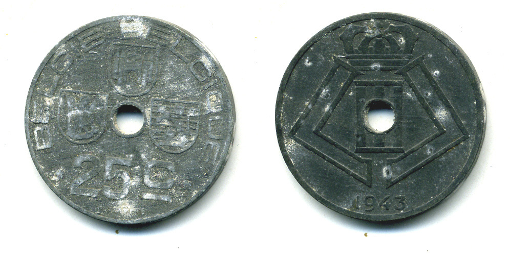 БЕЛЬГИЯ 25 САНТИМОВ 1943 BELGIE-BELGIQUE, ГЕРМАНСКАЯ ОККУПАЦИЯ, ВТОРАЯ МИРОВАЯ ВОЙНА KM 132 цинк 86-1024