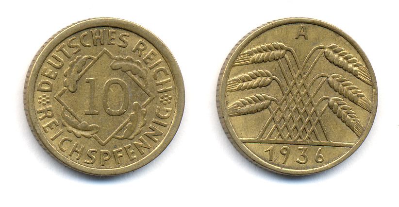 ГЕРМАНИЯ 10 РЕЙХСПФЕННИГОВ 1936 A, KM 40, J. 317 алюминиевая бронза 35-714