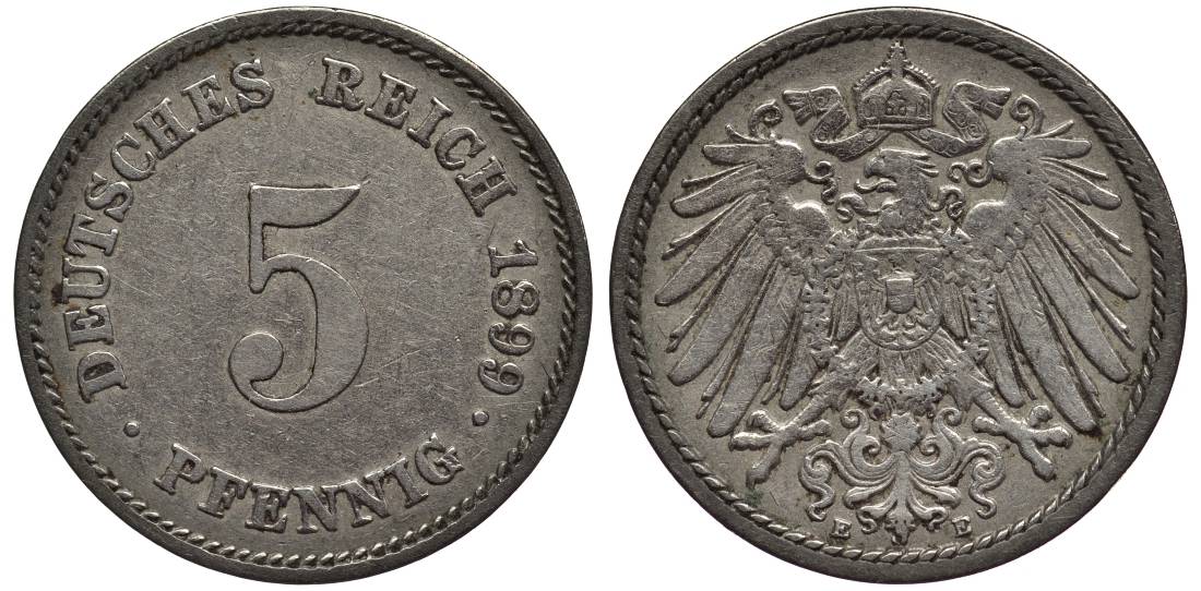 ГЕРМАНИЯ 5 ПФЕННИГОВ 1899 E KM 11, Jager 12, Weege 6 медно-никель 4547-365