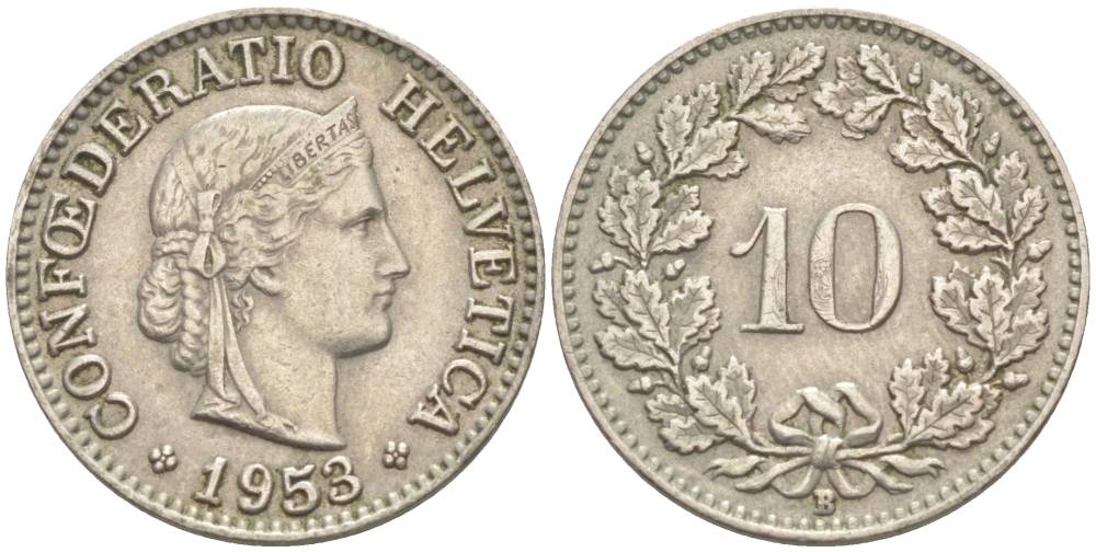 ШВЕЙЦАРИЯ 10 РАППЕНОВ 1953 В KM 27 медно-никель 55-237