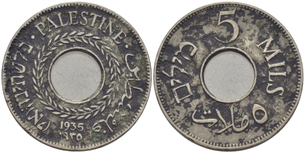 Израиль, Палестина 5 милсов 1935 Британская администрация KM 3 медно-никель 28-217