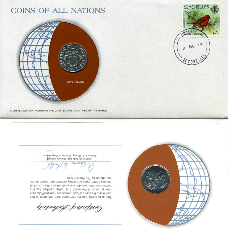 СЕЙШЕЛЬСКИЕ ОСТРОВА 50 ЦЕНТОВ 1977 КОНВЕРТ С МАРКОЙ ПЕРВОГО ДНЯ ГАШЕНИЯ, COINS OF NATIONS KM 34 медно-никель UNC 4294-18-1