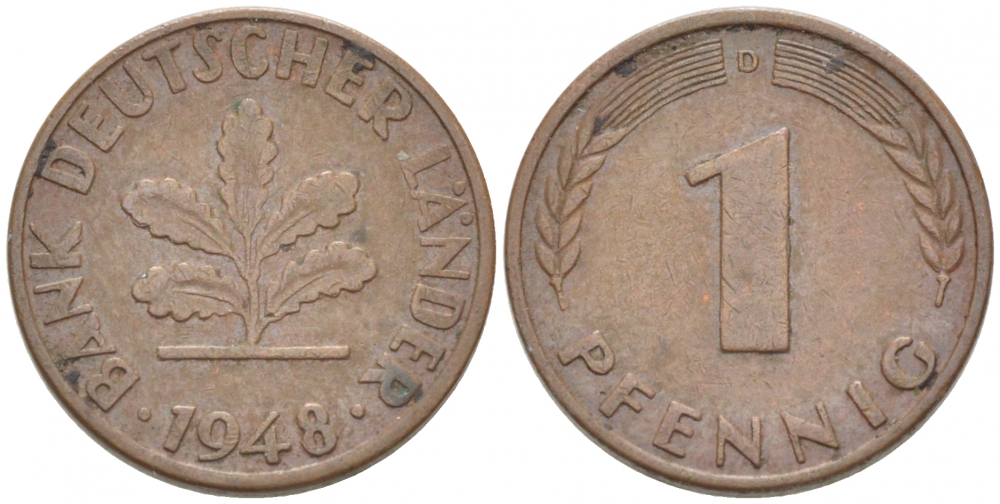 ФРГ 1 ПФЕННИГ 1948 D KM А101, J.376 сталь плакированная медью 3955-468