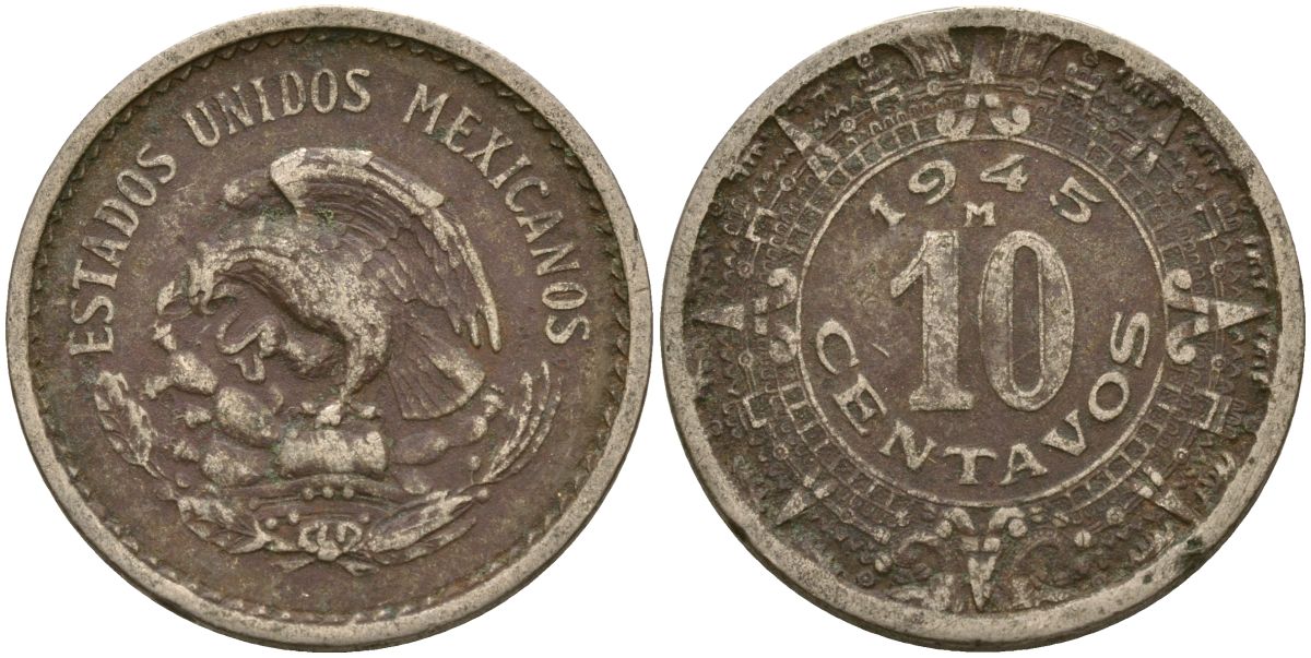 Мексика 10 сентаво 1945 KM 432 медно-никель 4135-341