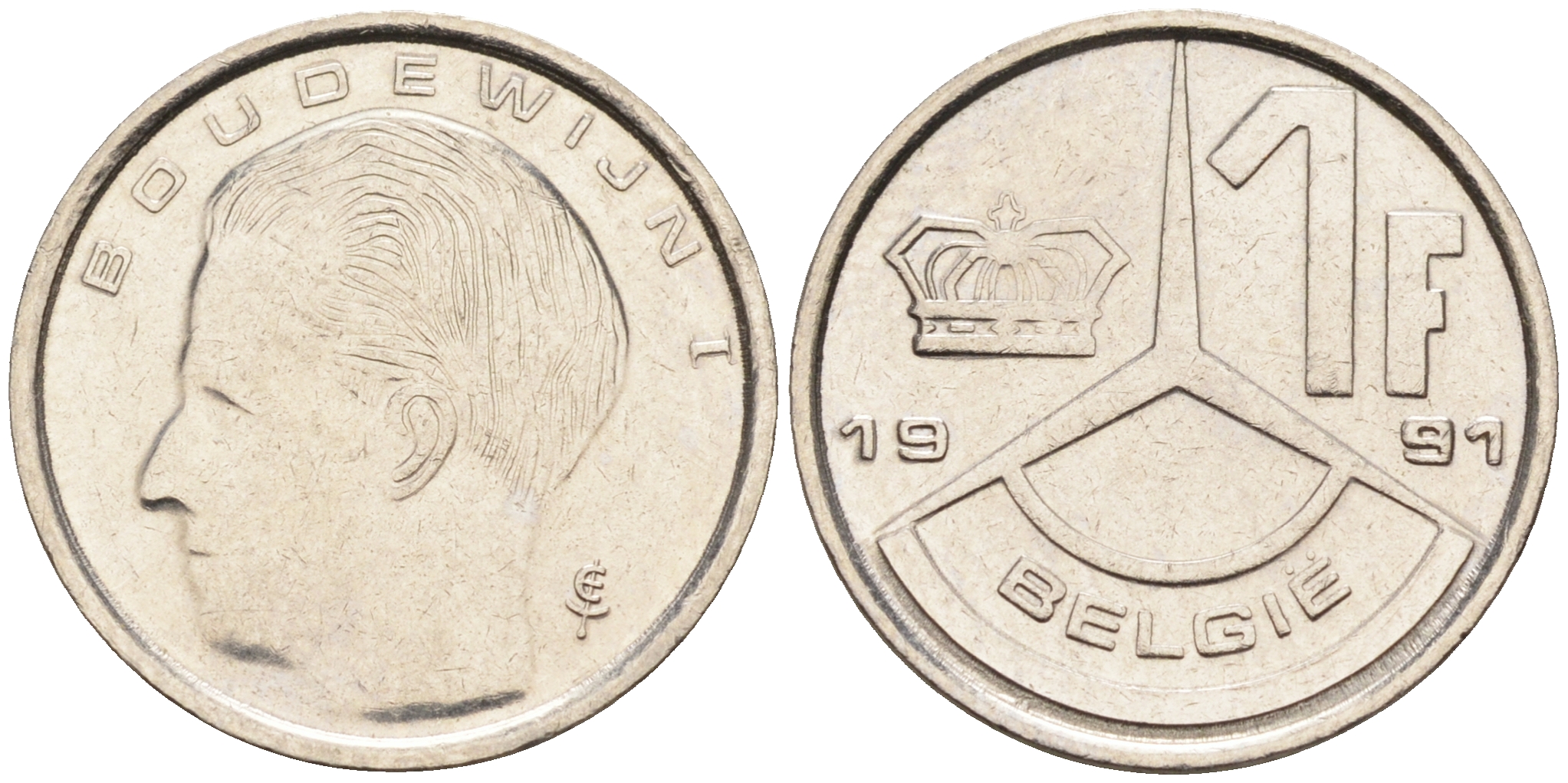 БЕЛЬГИЯ 1 ФРАНК 1991 BELGIE KM 171 железо плакированное никелем 4588-514