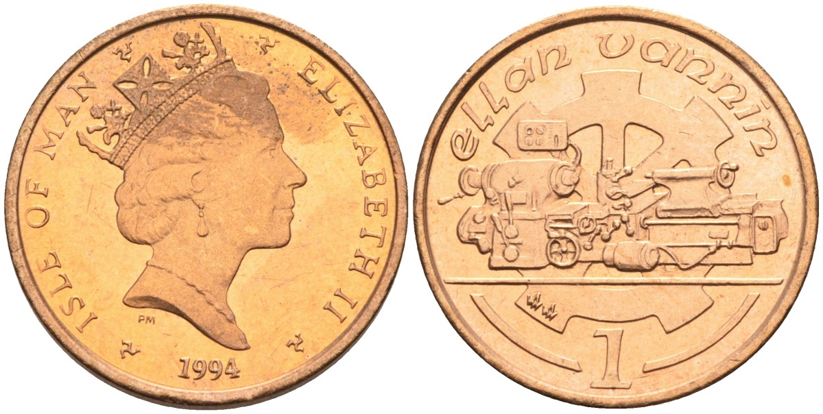 Остров Мэн 1 пенни 1994 АА, токарный станок, Елизавета II (1952) KM 207 бронза BUNC 4582-123