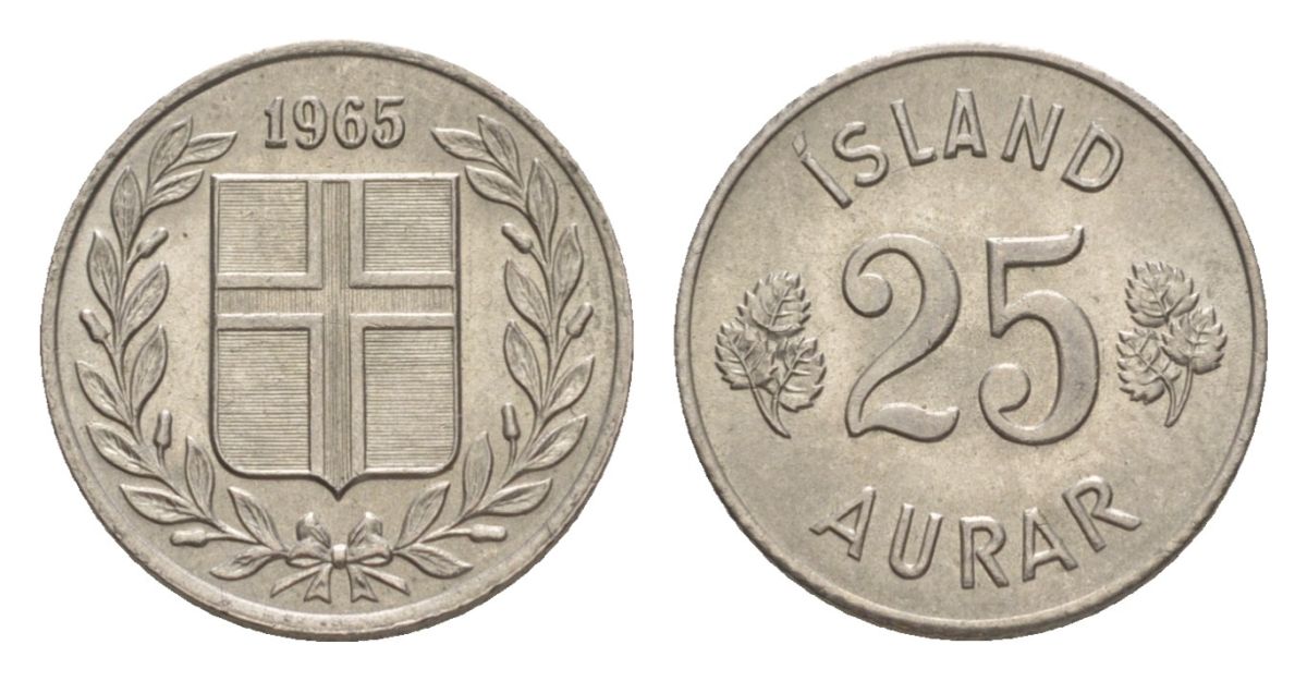 Исландия 25 эйре 1965 KM 11 медно-никель UNC 4632-949