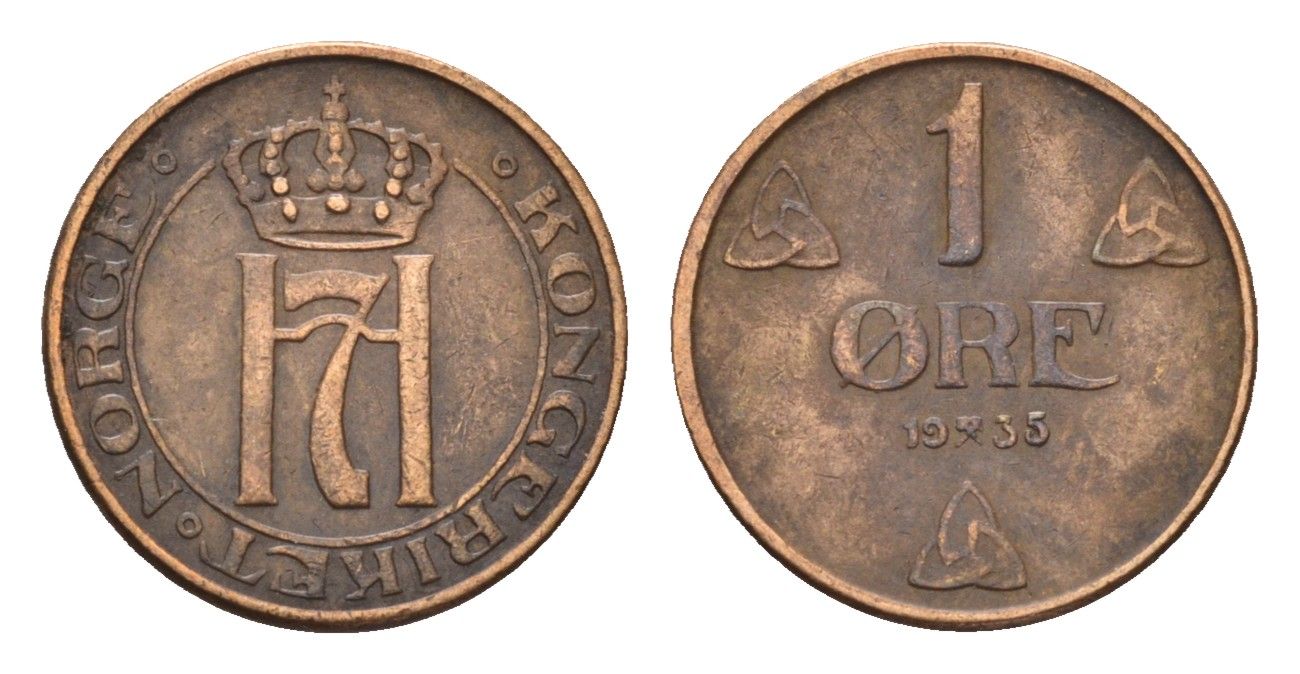 Норвегия 1 эре 1935 Хокон VII (1905-1957) KM 367 бронза 4674-1032