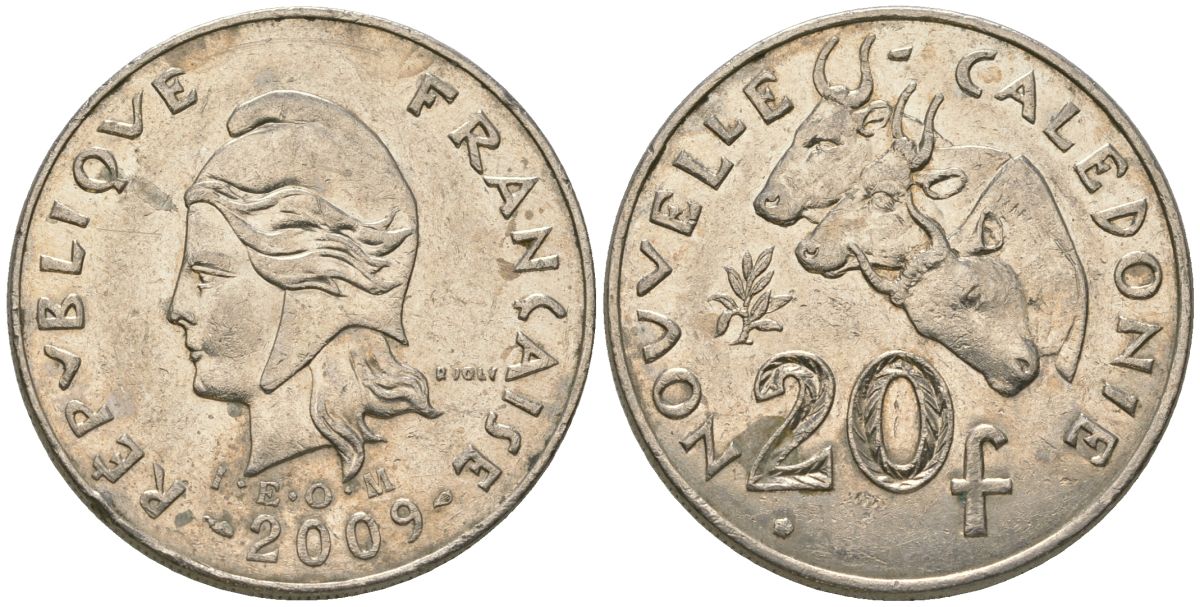 Французская Новая Каледония 20 франков 2009 три быка, (IEOM) KM 12a, Schoen 14a, Lec 115j медно-никель 84-112