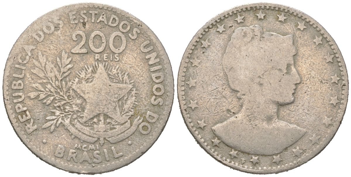 Бразилия 200 реалов 1901 MCMI, голова свободы вправо KM 504 медно-никель 4612-145