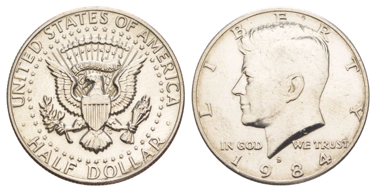 США 1/2 доллара (50 центов) 1984 D, Джон Кеннеди KM A202b медь плакированная медно-никелем aUNC 4367-932