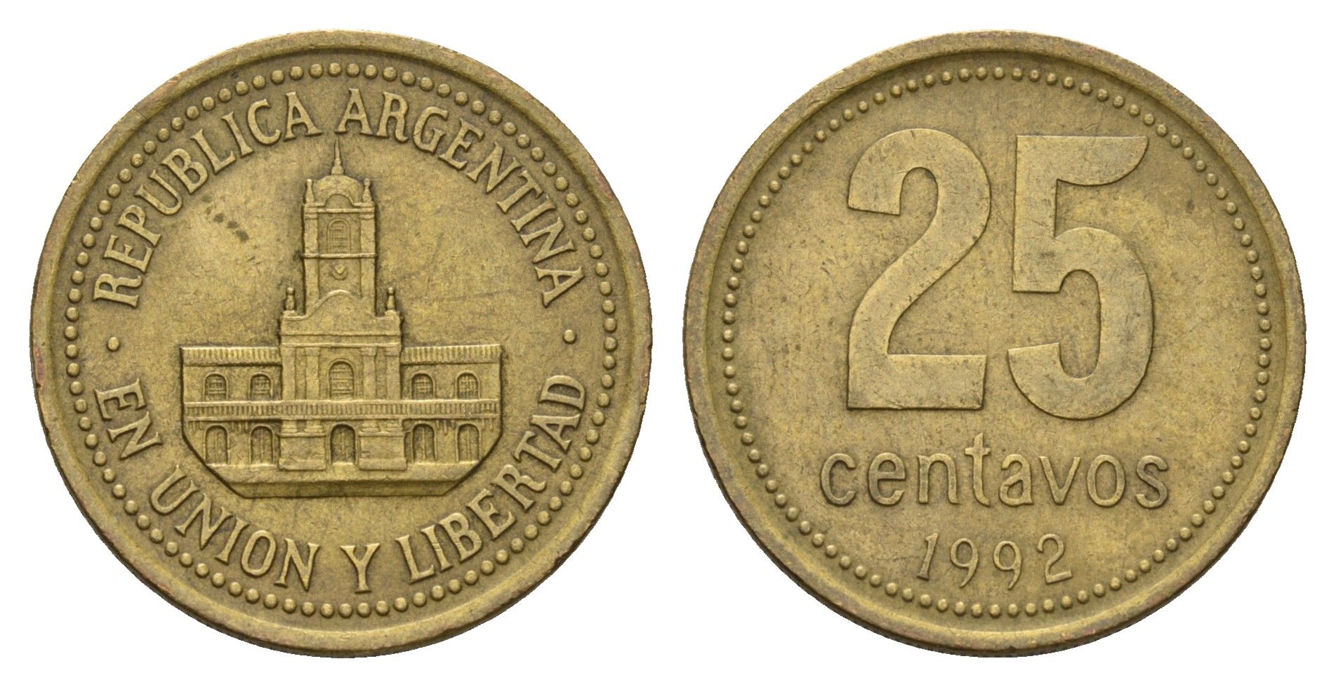 Аргентина 25 сентаво 1992 ратуша Буэнос-Айреса KM 110.1 алюминиевая бронза 4686-414
