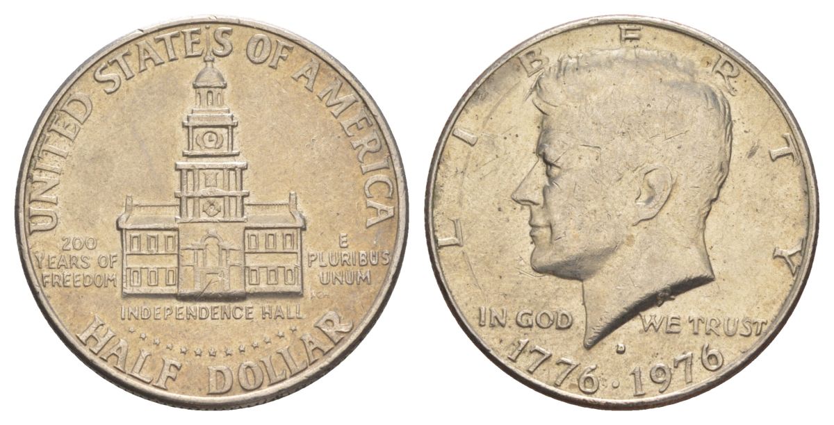 США 1/2 доллара (50 центов) 1976 D, 200 лет независимости, Джон Кеннеди KM 205 медь плакированная медно-никелем aUNC 4545-821