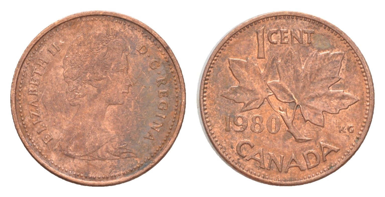 Канада 1 цент 1980 Елизавета II (1952-2022), кленовый лист KM 127 бронза 4639-355