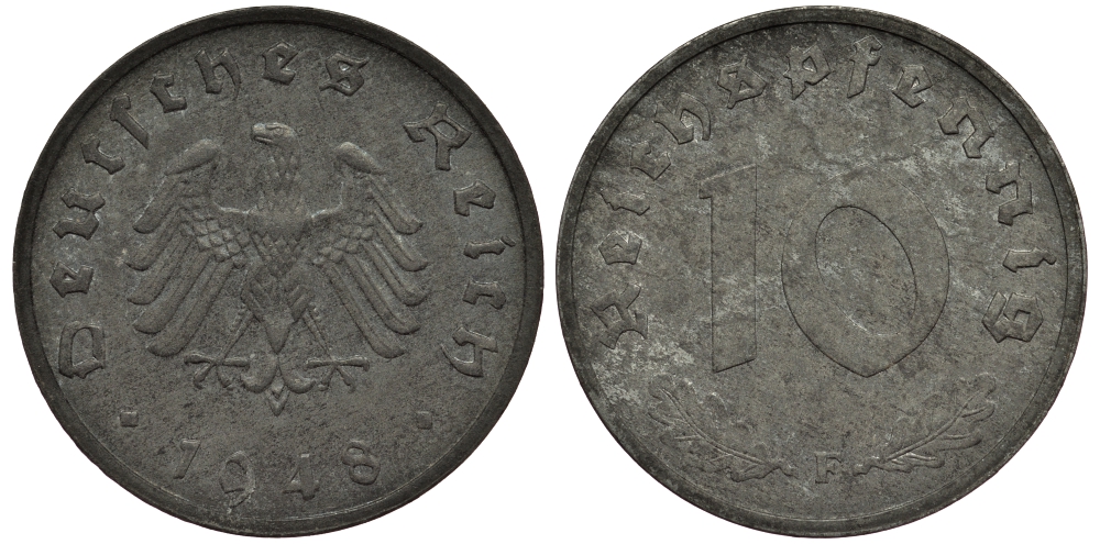 ГЕРМАНИЯ 10 РЕЙХСПФЕННИГОВ 1948 F J. 375, KM A104 цинк 413-4635