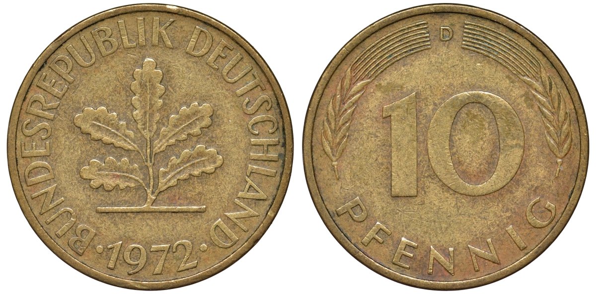 ФРГ 10 пфеннигов 1972 D KM 108, J. 383 сталь плакированная латунью 4132-546