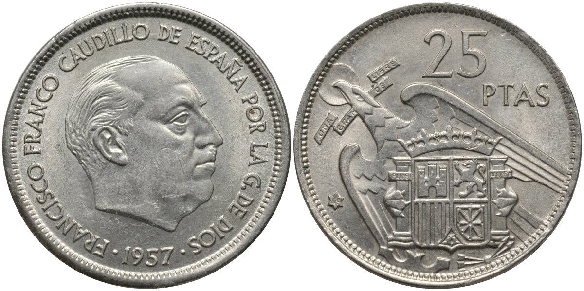 Испания 25 песет 1957 (69) Франсиско Франко (1939-1975) KM 787 медно-никель UNC 4171-714