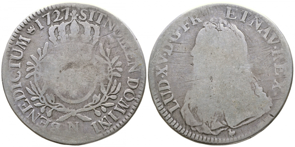 Франция 1 экю 1727 N, Людовик XV (1715-1774) KM 486.14 серебро 413-3142