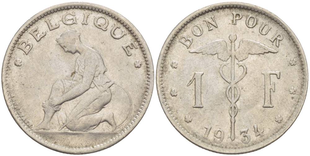 БЕЛЬГИЯ 1 ФРАНК 1934 BELGIQUE KM 89 никель 4546-226