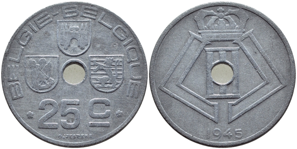 БЕЛЬГИЯ 25 САНТИМОВ 1945 НЕМЕЦКАЯ ОККУПАЦИЯ BELGIE BELGIQUE KM 132 цинк 86-1656