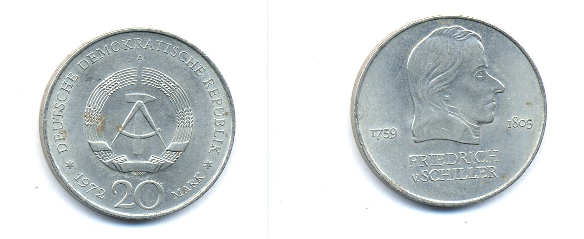 ГДР 20 марок 1972 А, Фридрих Шиллер (1759-1805) KM 40 медно-никель 3333-644
