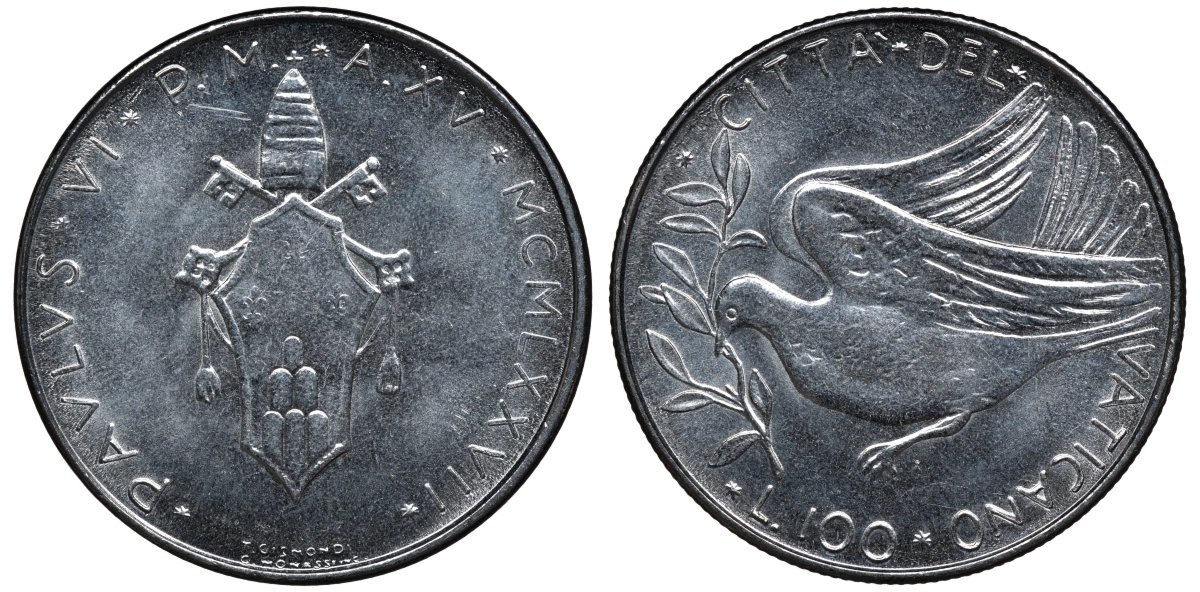 Ватикан 100 лир 1977 голубь, папа Павел VI (1963-1978) KM 122 нержавеющая сталь UNC 4579-652