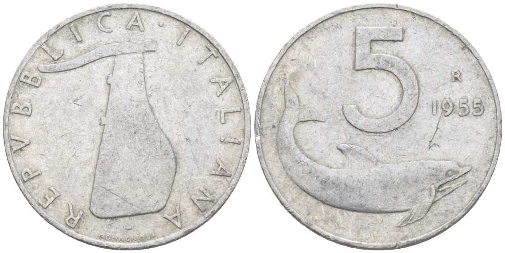 ИТАЛИЯ 5 ЛИР 1955 R, РУЛЬ, ДЕЛЬФИН KM 92 алюминий 175-132