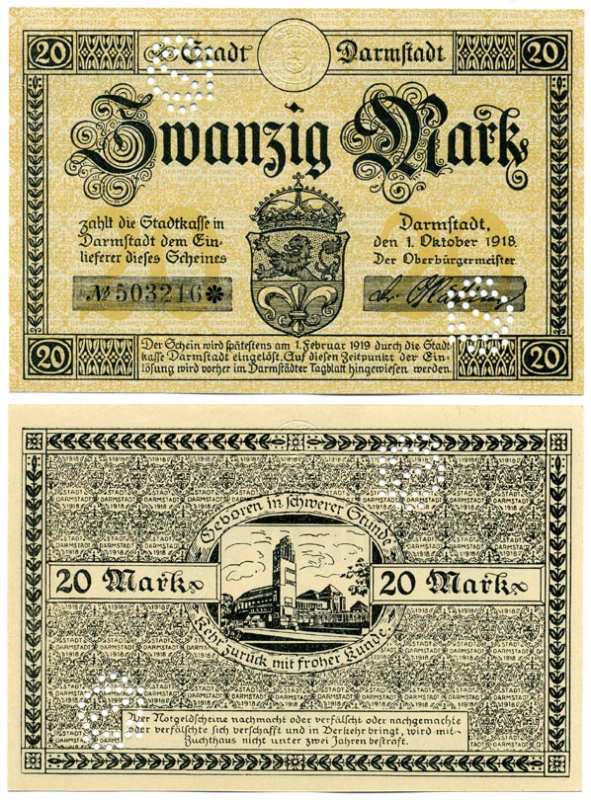 Германия, Дармштадт 20 марок 1918 - 1919 1 октября 1918 - 1 Февраля 1919, нотгельд, земля Гессен, водяной знак перепечатка, № номер снежинка, с перфорацией Geiger 092.09а  бумага  UNC (пресс) 8613-33-1-2