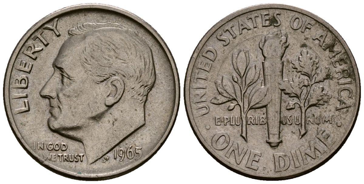 США 10 центов (дайм) 1965 Рузвельт KM 195a медь плакированная медно-никелем 4164-923
