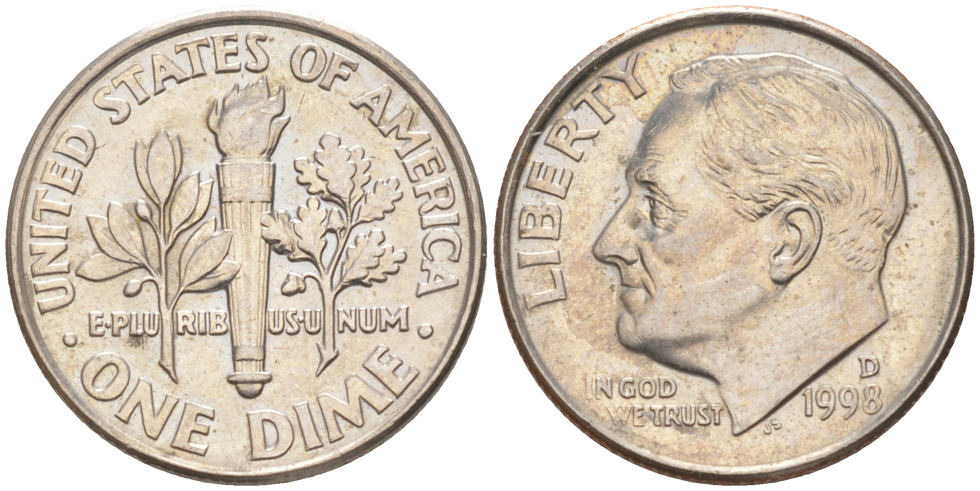 США 10 ЦЕНТОВ = 1 ДАЙМ 1998 D, РУЗВЕЛЬТ KM 195a медь плакированная медно-никелем 187-1121