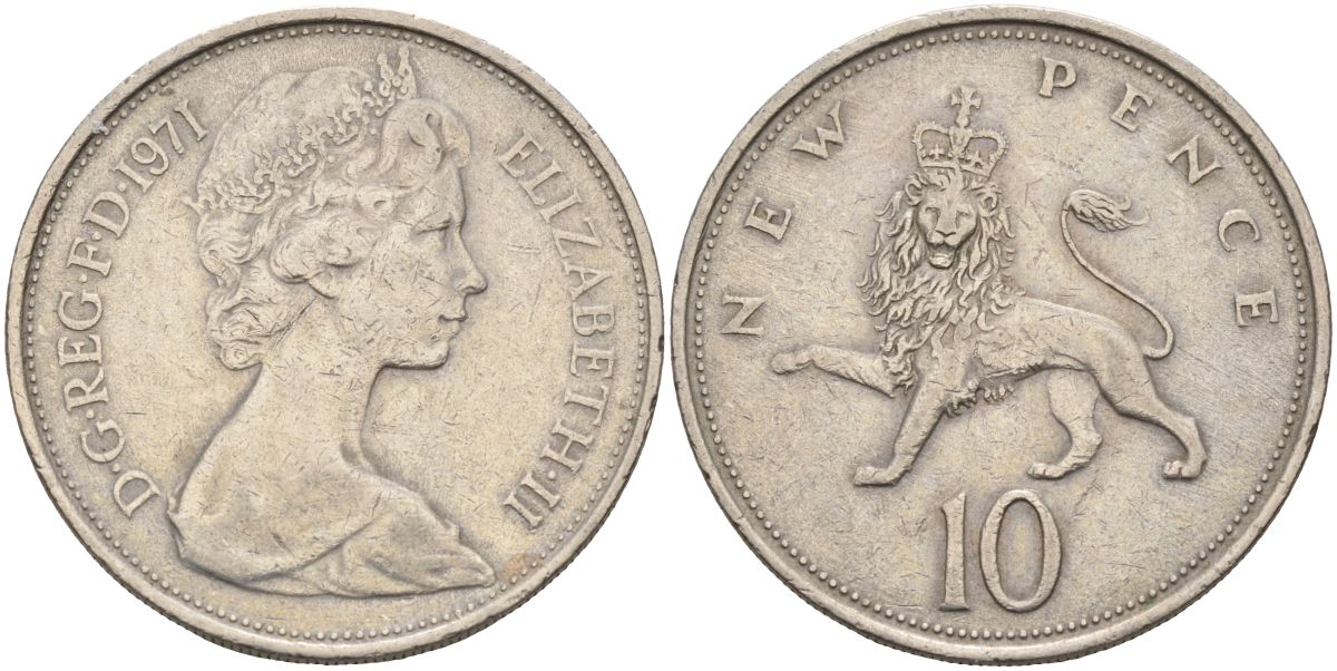 Великобритания 10 пенсов 1971 Елизавета II (1952-2022) KM 912, Spink 4231 (F1) медно-никель 4117-922