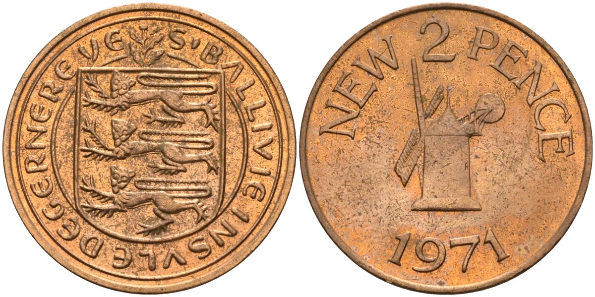 Гернси 2 пенса 1971 Елизавета II (1952-2022), ветряная мельница KM 22 бронза 4153-712