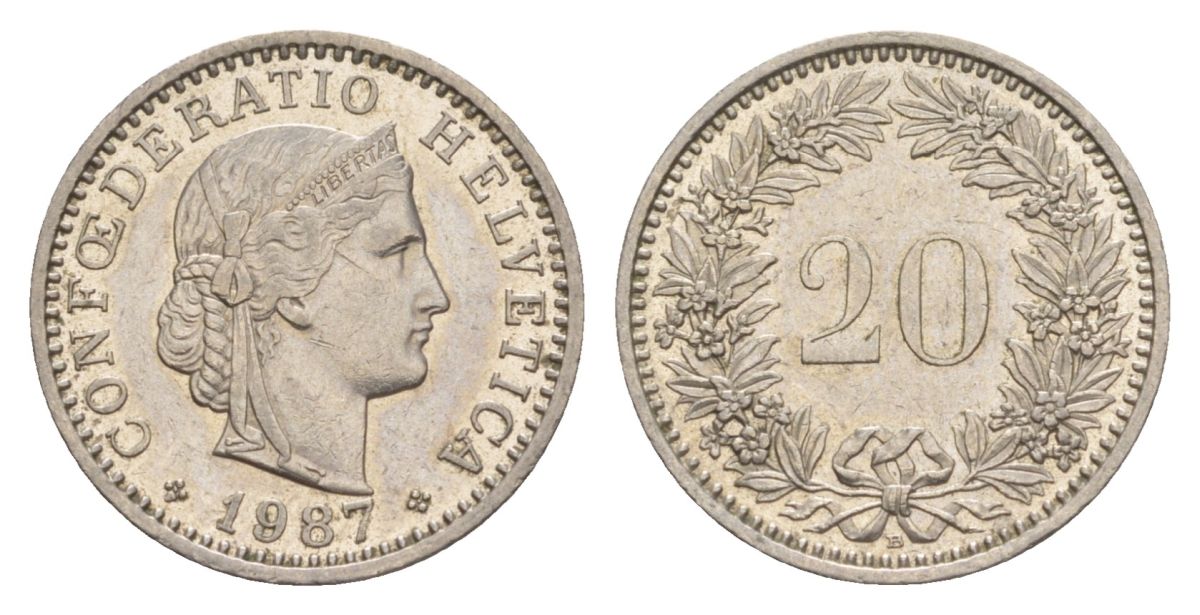 Швейцария 20 раппенов 1987 KM 29a медно-никель aUNC 4632-465