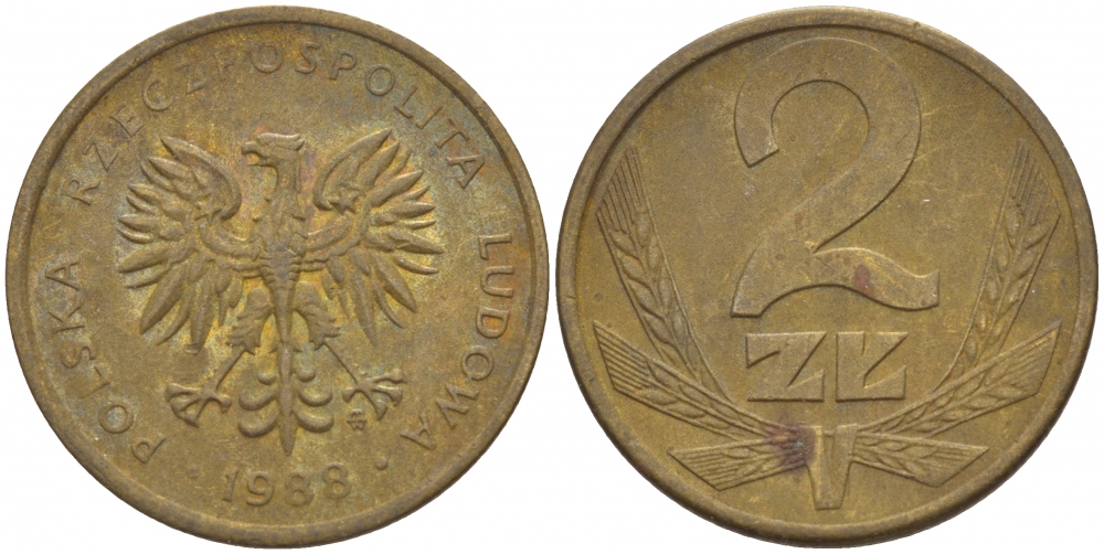Польша 2 злотых 1988 MW KM 80.2, Parchimowicz 218c латунь 4548-527