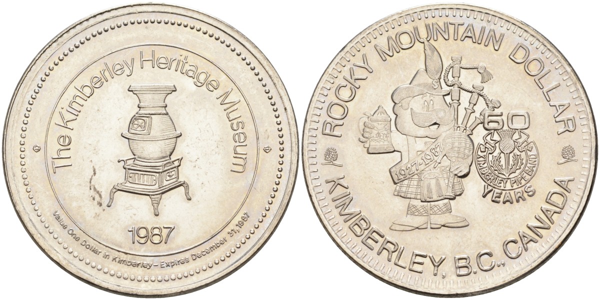 Канада жетон 1987 Souvenir dollar, 60 лет Rocky Mountain (1927-1987) никель 4590-841