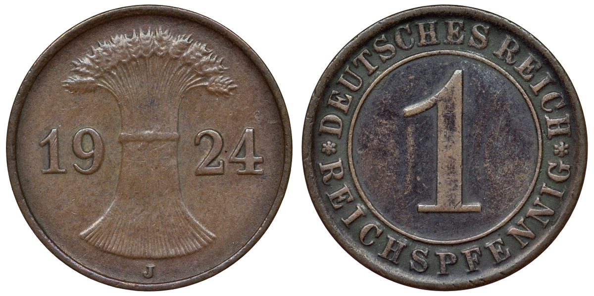 Германия 1 рейхспфенниг 1924 J KM 37, J. 313 бронза 4124-113