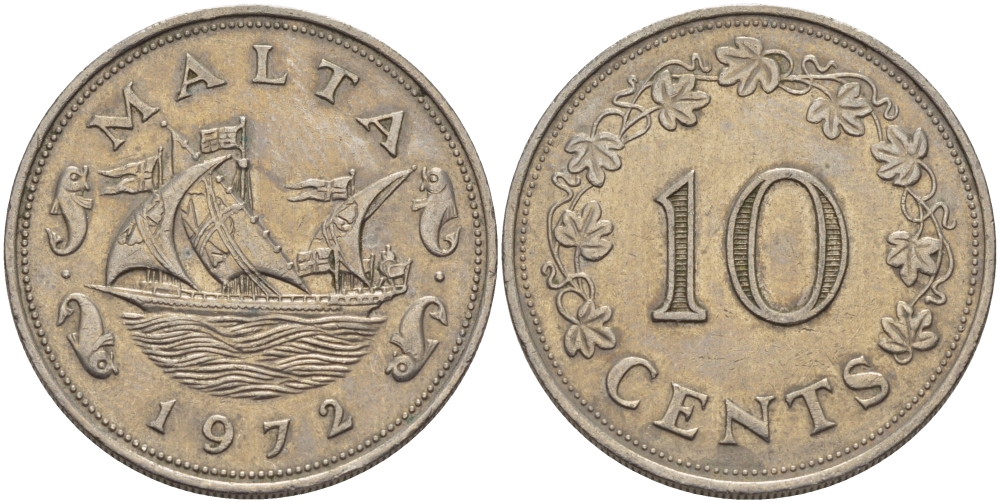 Мальта 10 центов 1972 баржа Великого магистра KM 11 медно-никель 82-321