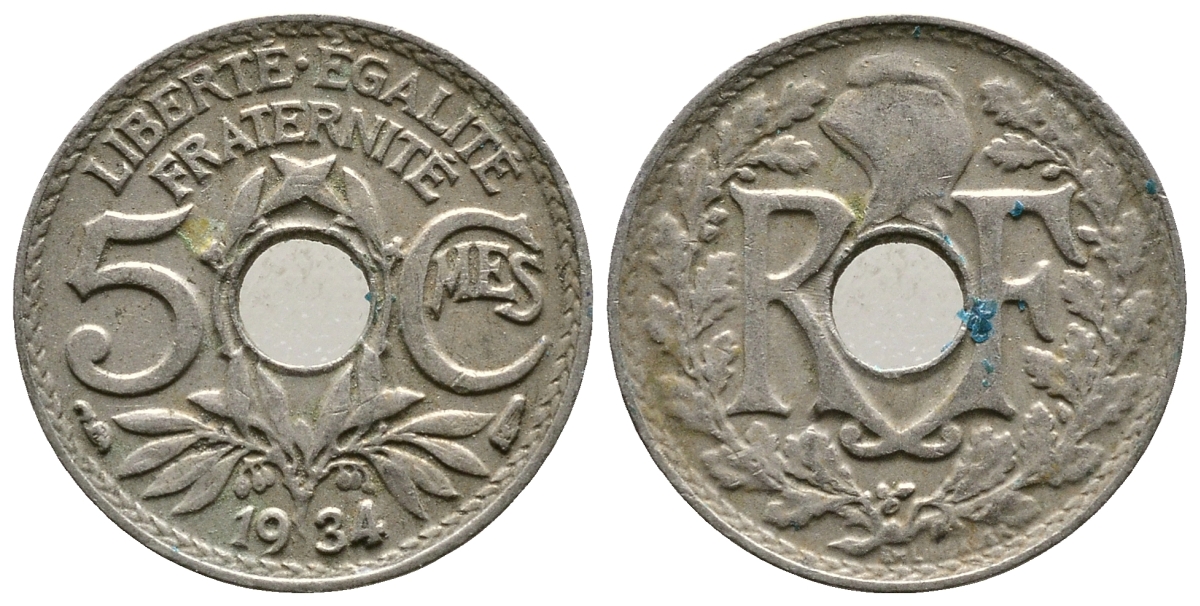ФРАНЦИЯ 5 САНТИМОВ 1934 ТИП ЛИНДАЙЁ KM 875 медно-никель 4364-1156