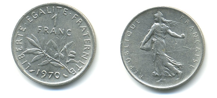 ФРАНЦИЯ 1 ФРАНК 1970 СЕЯТЕЛЬ KM 925.1 никель 57-155