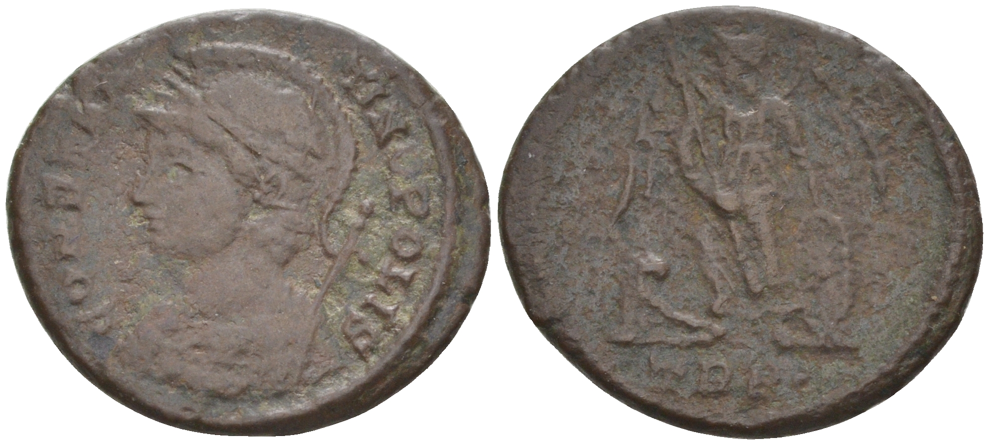 Римская Империя нуммий 330 - 331 Константин I Великий, персонификация Константинополя, CONSTANTINOPOLIS / Виктория, Августа Треверов (из немецкой коллекции 1-й половины XX века, с владельческой этикеткой) RIC 530 биллон 1073-15-76