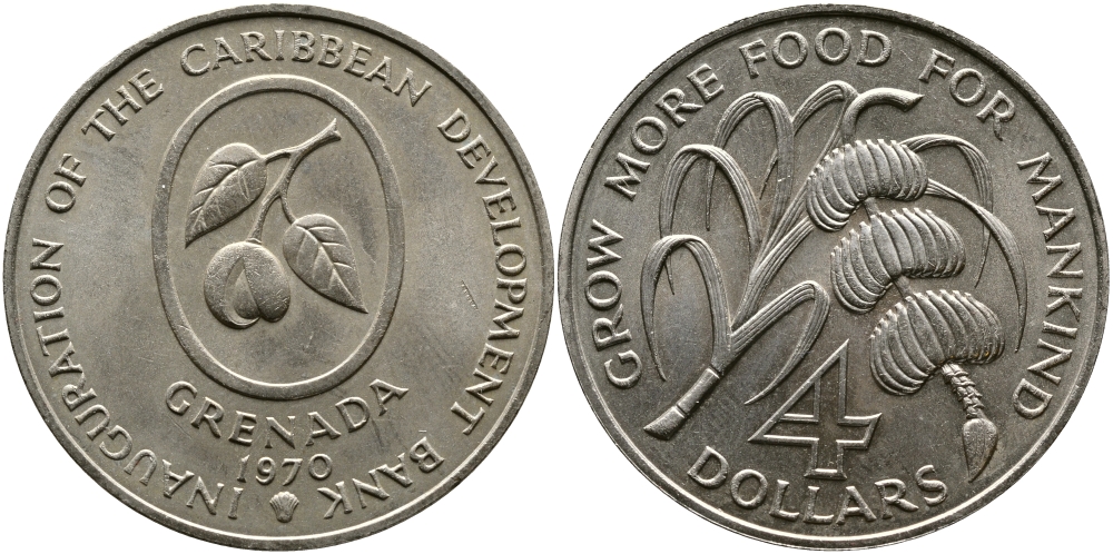 Гренада 4 доллара 1970 FAO, открытие Карибского Банка Развития KM 15 медно-никель UNC 00-000-00