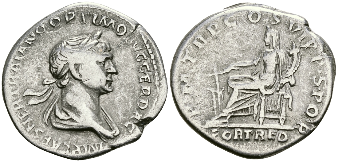 Римская Империя денарий 114 - 117 Траян PM TR P COS VI PP SPQR FORT RED Фортуна, персонификация Удачи Рим Very fine RIC 318 серебро 1073-4-3-2