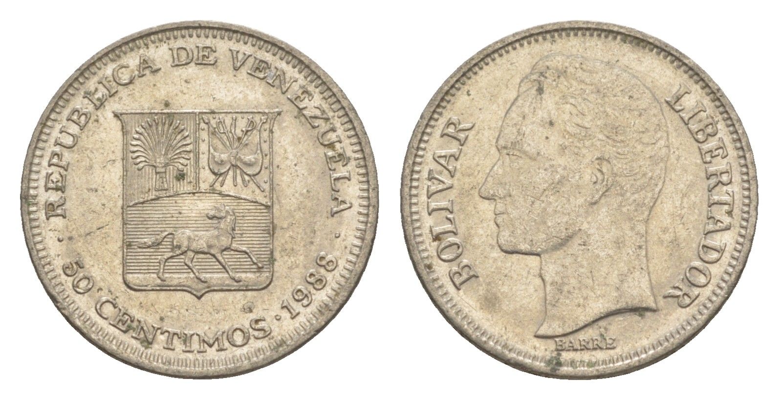 Венесуэла 50 сентимо 1988 Симон Боливар Y 41a сталь плакированная никелем 4582-1037