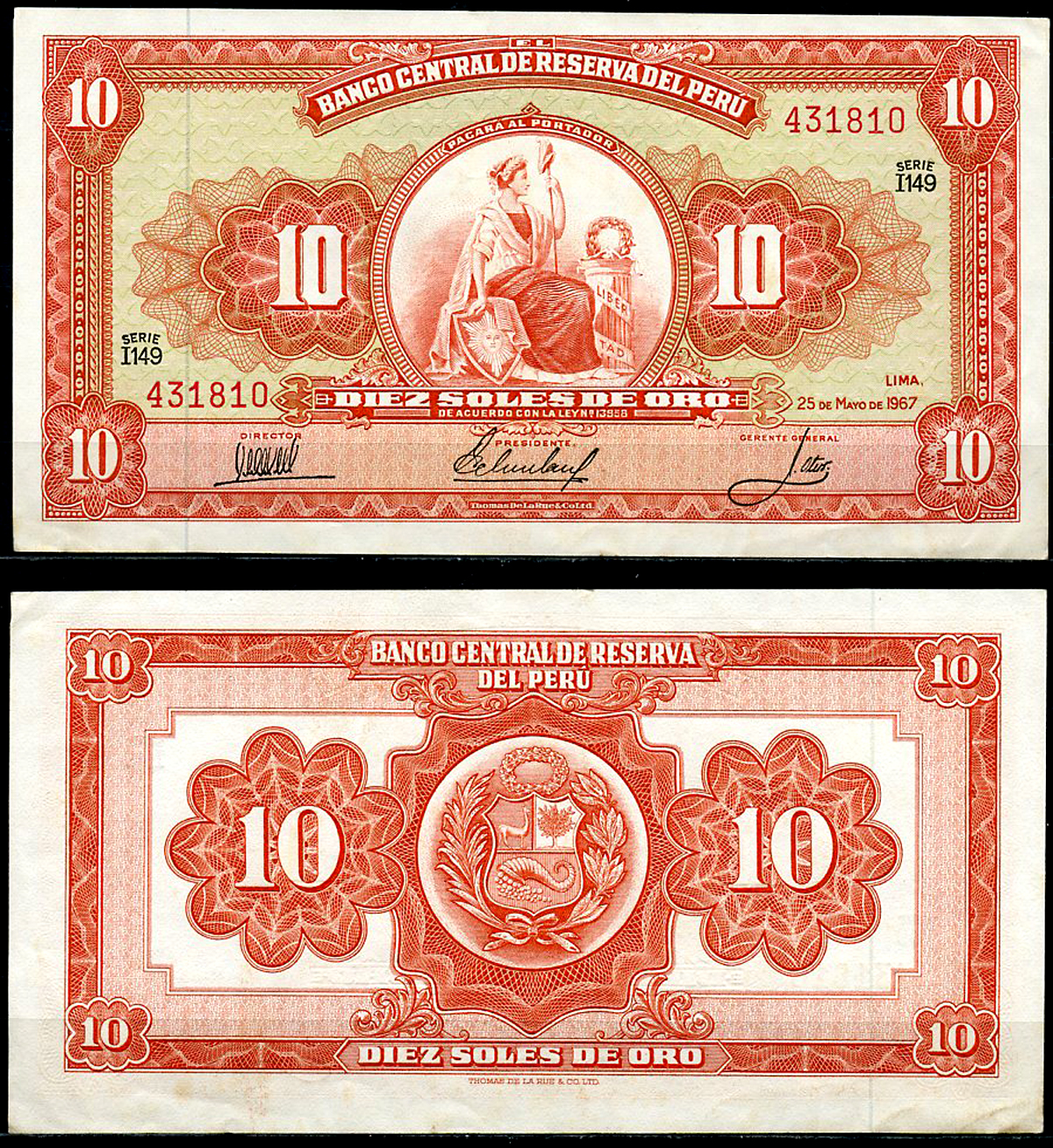 Перу 10 солей 1967 сидящая свобода, Thomas de la Rue Pick 84 a  бумага  аUNC 444-117-3-2