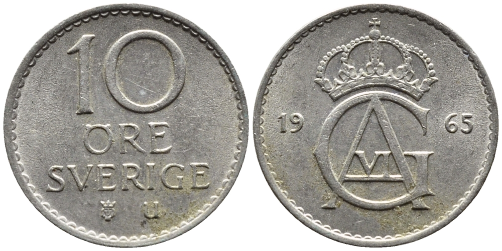 Швеция 10 эре 1965 U, Густав VI Адольф (1950-1973) KM 835 медно-никель 4392-131
