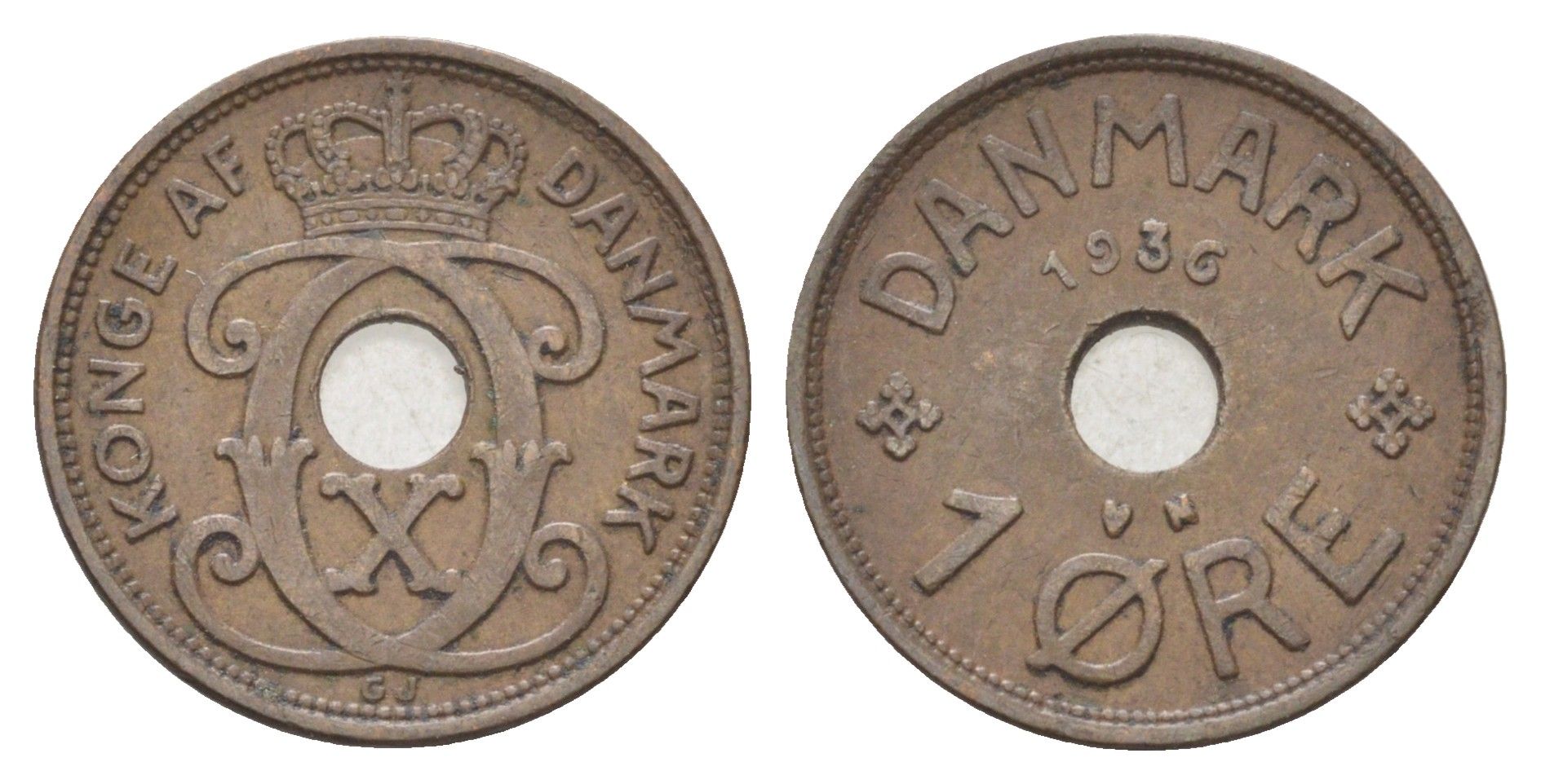 Дания 1 эре 1936 N, Кристиан X (1912-1947) KM 826 бронза 4701-568